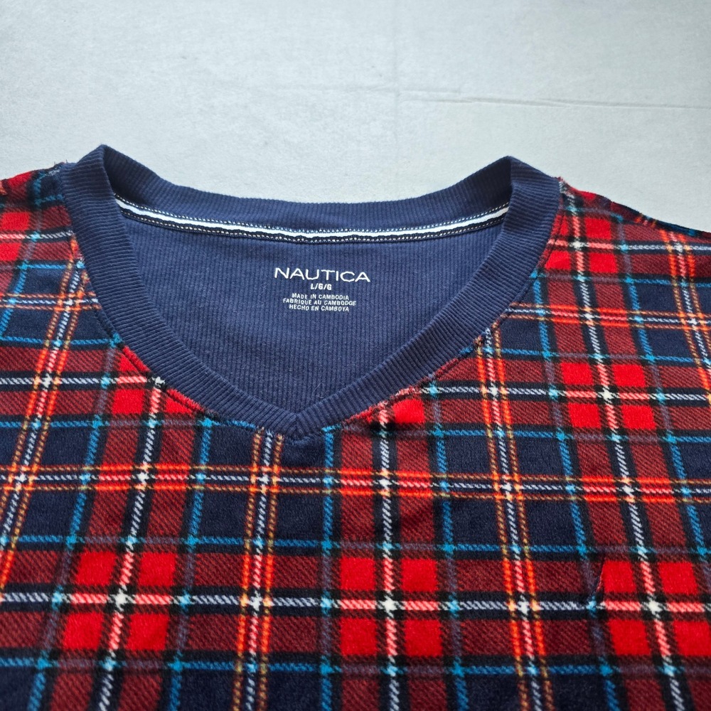 Nautica Mens Pajama Set Red Navy Blue Plaid Fleece Sleepwear Large PJs EUC - Picture 3 of 8